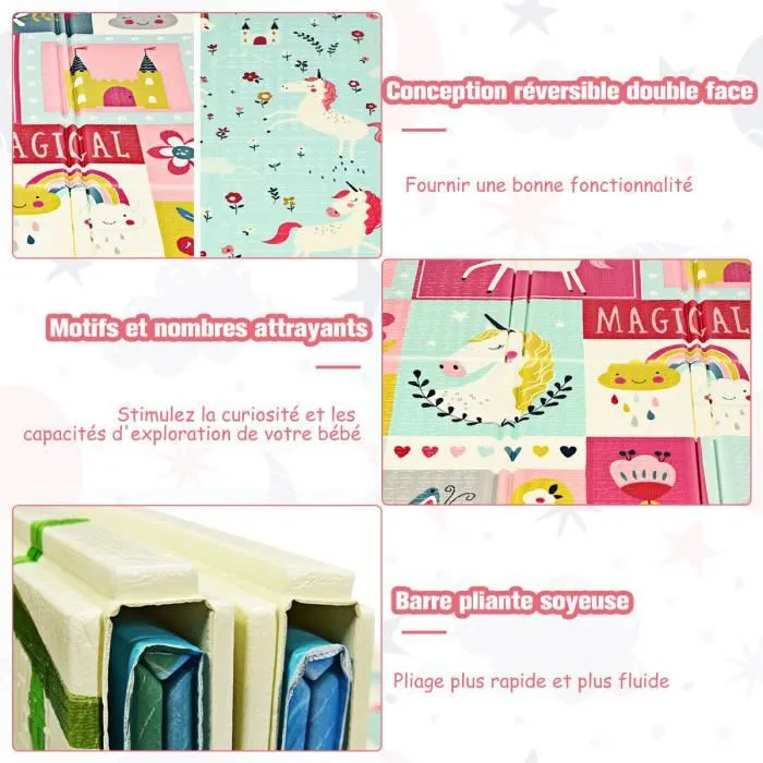 COSTWAY Tapis de Jeu Pliable pour Bébé 200x180x1,4CM avec Image Licorne et Poney en Mousse XPE Non Toxique Antidérapant Double Face-1