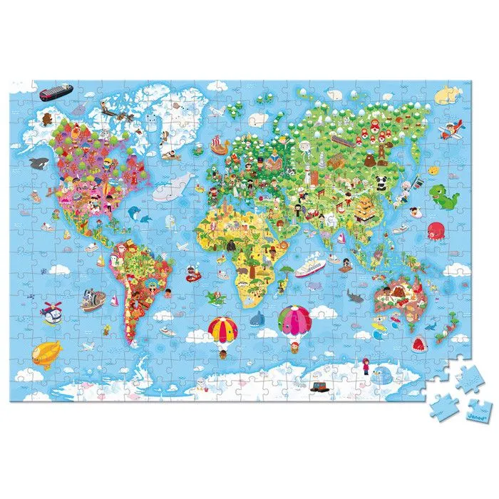 Puzzle Carte du Monde 300 pièces - JANOD - Voyage et cartes - Bleu et Vert - Enfant-0