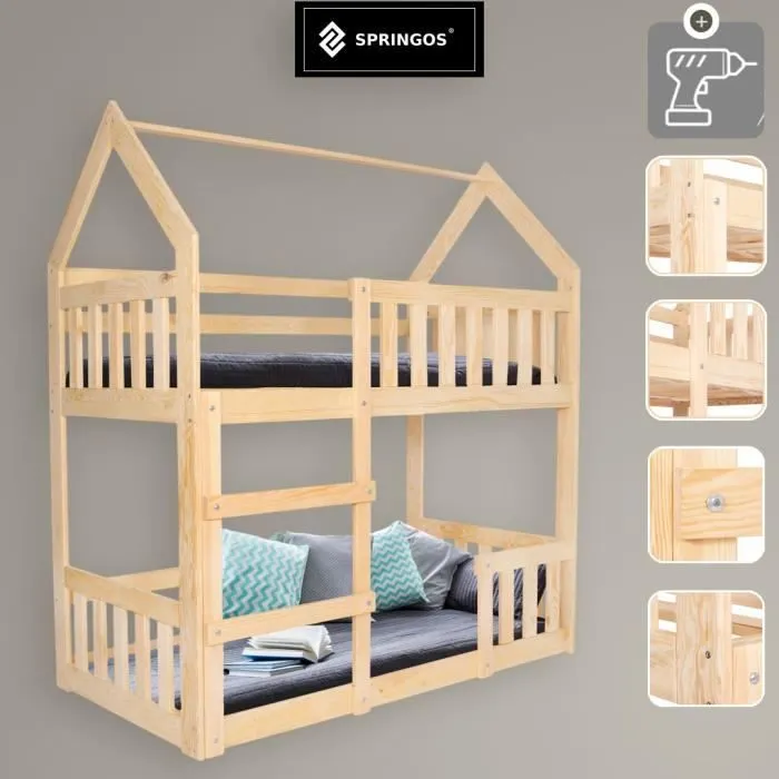Lit superposé - Springos® - Maison en bois massif - 80 x 160 cm - 2 places - Barrière de sécurité-1