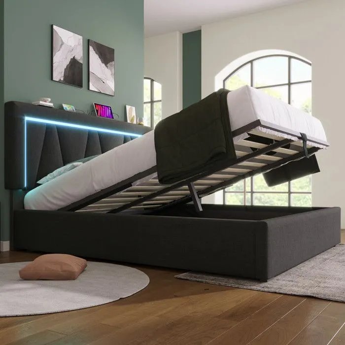 ModernLuxe Lit coffre rembourré 140x200cm avec LED et Port de charge USB et Type-C - tissu en lin - sommier à lattes - Gris-1