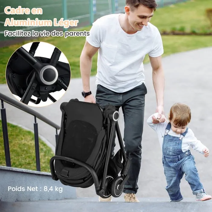COSTWAY Poussette Canne Pliable Bébé avec Siège Réversible & Dossier Inclinable, Panier Inférieur, Harnais à 5 Points, 15 kg, Noir-5