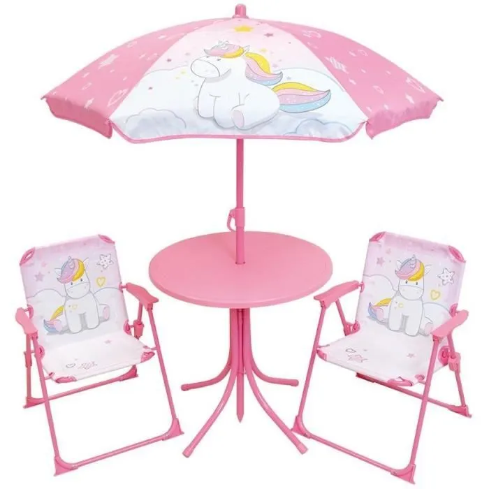 Mobilier de jardin - FUN HOUSE - Salon de jardin Licorne : Table H.46 x 46 cm, 2 chaises pliantes, parasol H.125 x100 cm-0