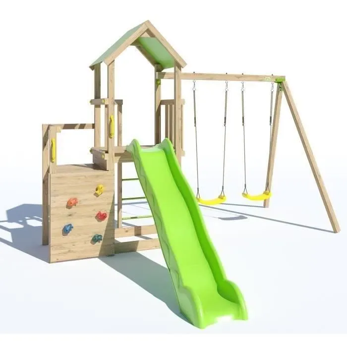 Aire de jeux en bois 2,20 m ULTRA XPERIENCE - TRIGANO JARDIN - Mur d'escalade toboggan et balançoires - 8 enfants-0