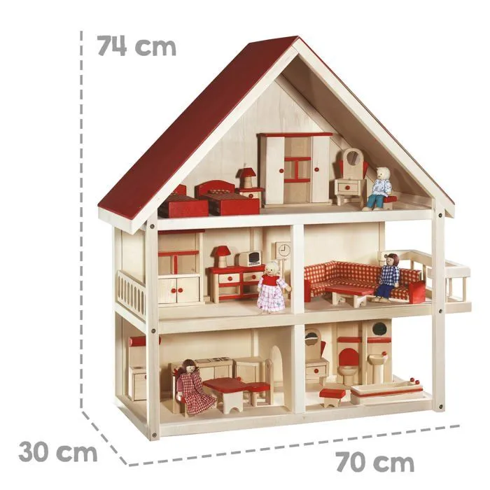 Maison de Poupée en Bois Naturel ROBA - Toit à Pignon Rouge - 3 Étages - 4 Poupées et Meubles Miniatures-2