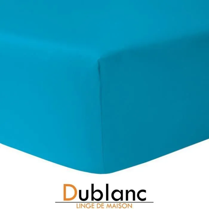 DUBLANC Drap Housse 140 x 190 cm BLEU TURQUOISE - 100 % coton-0