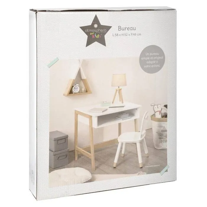 Bureau en bois pour enfants - ATMOSPHERA - BLANC et BOIS Naturel - Pratique et Astucieux - Style scandinave-1