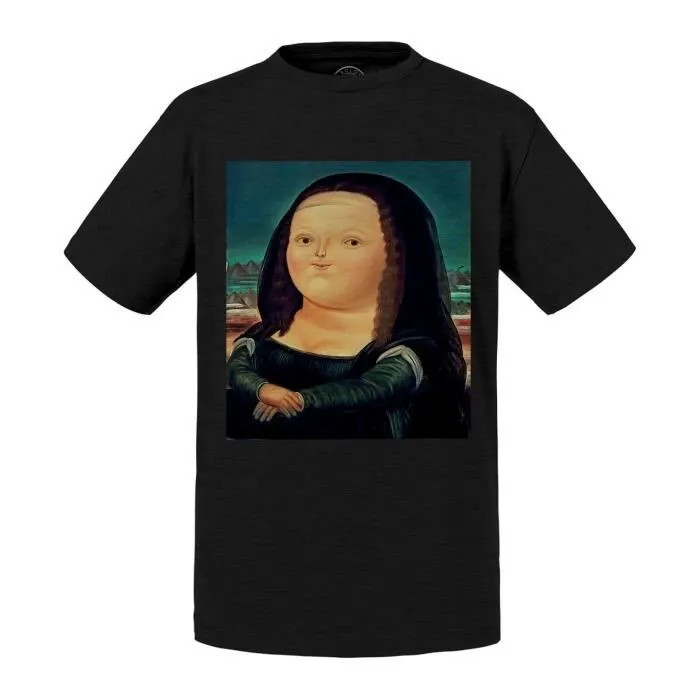 T-shirt Enfant Noir Mona Lisa La Joconde Fernando Botero Peinture Portrait Grosse Dame-0