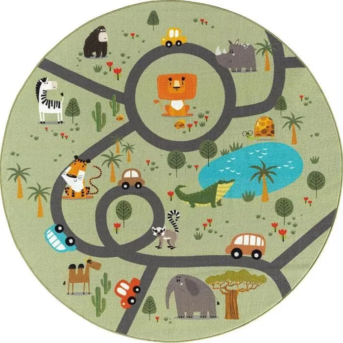 the carpet Happy Life - Tapis de jeu pour chambre d'enfant avec des animaux de la jungle mignons, vert, 200 x 200 cm rounde-0