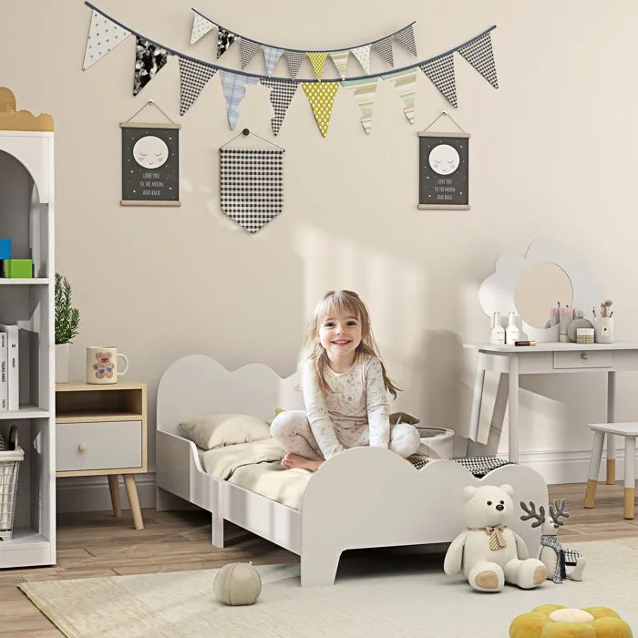 Lit pour enfant - AIYAPLAY - 3 à 8 ans - barrière de sécurité, sommier à lattes inclus - 143,5 x 74,5 x 56 cm - blanc-1