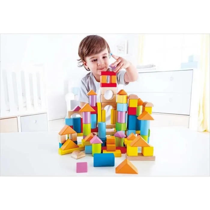 Baril de 101 cubes en bois colorés Hape - Pour enfants de 2 ans et plus - Peinture à base d'eau non toxique-0