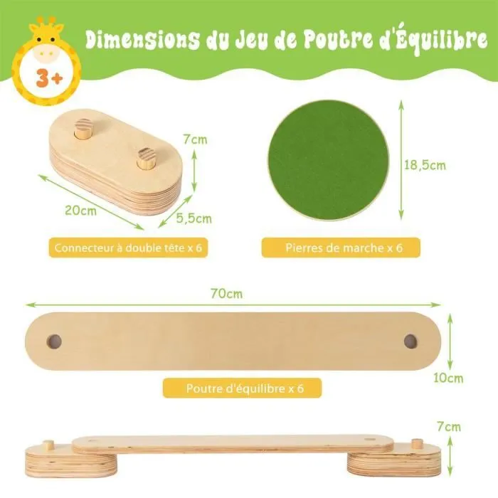 COSTWAY Parcours de Motricité Jeux Exterieur Enfants en Bois 12 Pièces Montessori 6 Poutres d'Equilibre et 6 Marches Combinable-3