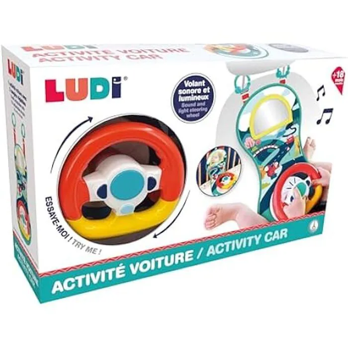 Ludi - Activité Voiture - Panneau D'Activité - Volant Sonore Et Lumineux - pour Occuper Bébé en Voiture - Dès 18 Mois - Sangles-1