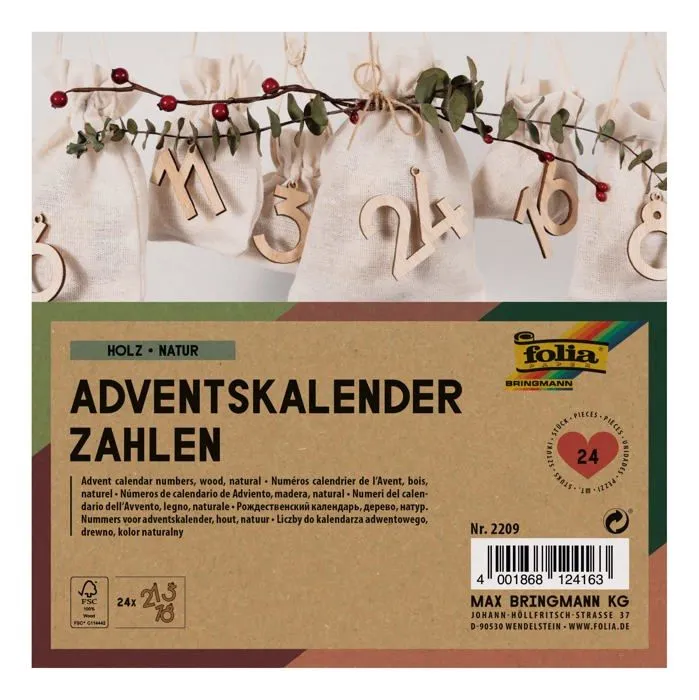 Calendrier de l'avent Folia - 2209 -Calendrier de l'Avent Naturel, 24 Chiffres en Bois a Suspendre, , Wood Colours-0