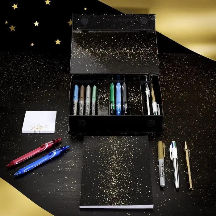 BIC My Surprise Box - Coffret Cadeau de 14 Produits d'Écriture, 4 Stylos-Bille/5 Feutres Métallisés/ 5 Stylos Gel, 1 Bloc de Notes R-1