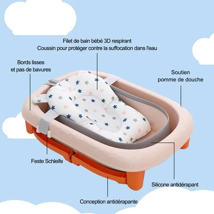 Grande baignoire pliable ultra compact kikido, baignoire enfant en plastique avec bouchon de vidange, pieds pliable-orange-2
