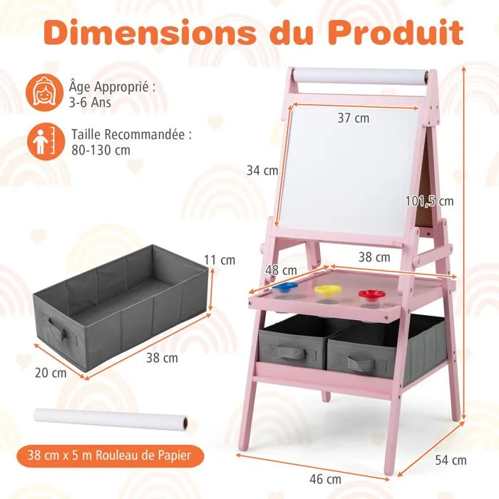 COSTWAY Chevalet d'Art 3 en 1 -Tableau Noir & Blanc Magnétique,Rouleau de Papier & 2 Bacs en Tissu pour Enfants 3-6 Ans Rose-3