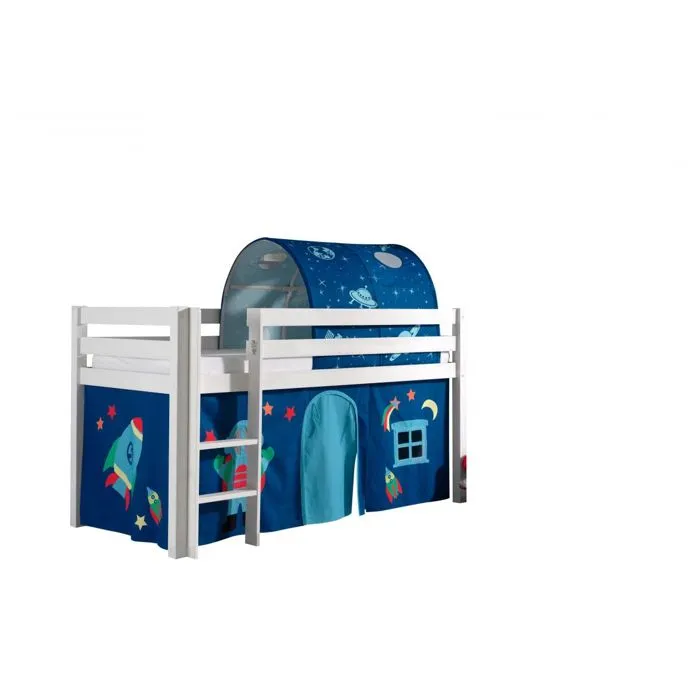 Vipack - PINO Lit sureleve en pin massif 90x200cm avec sommier Blanc + Rideau et tunnel de lit Space-0