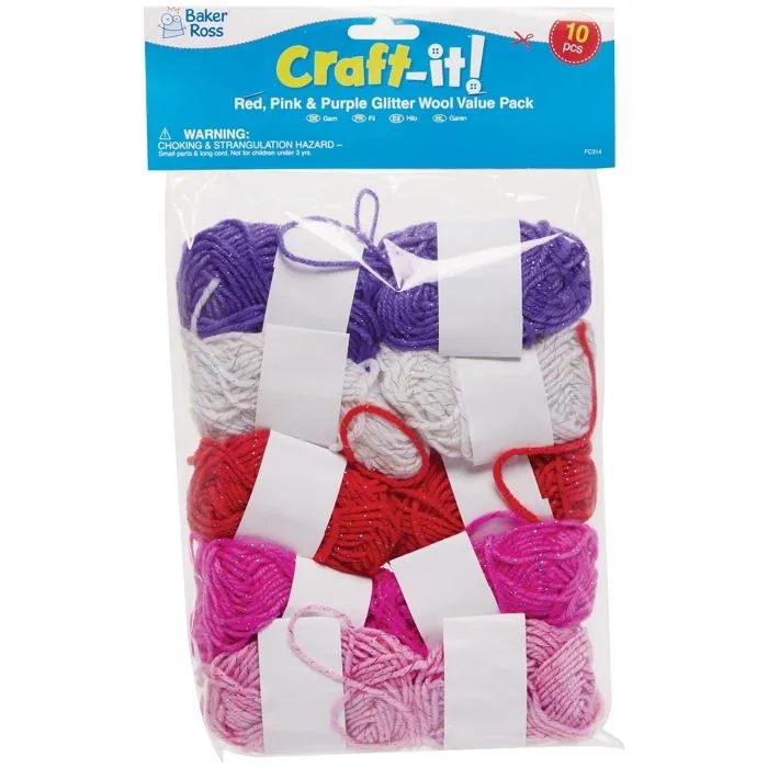 Pelotes de laine pailletée - Baker Ross - FC314 - Lot de 10 - Rouge, rose et violet - 3 mm d'épaisseur-3