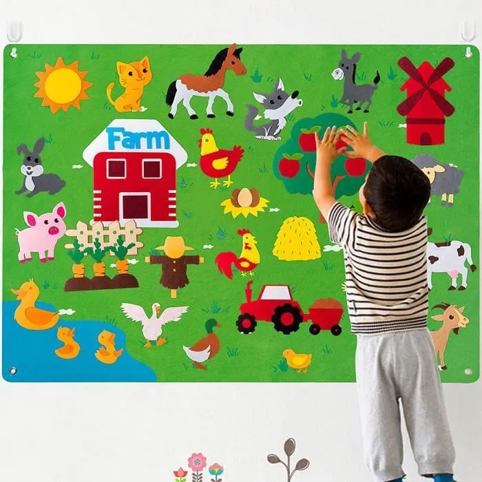 Kit de Animaux Ferme en feutre, Kit de jeu interactif sur le thème de la ferme pour enfants 3-6 ans, Jouet Montessori - 75*105cm-0