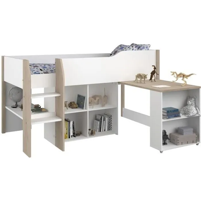 Lit combiné enfant avec bureau rétractable - PARISOT - LIAM - Blanc et chêne - Sommier inclus - 90x200 cm-0