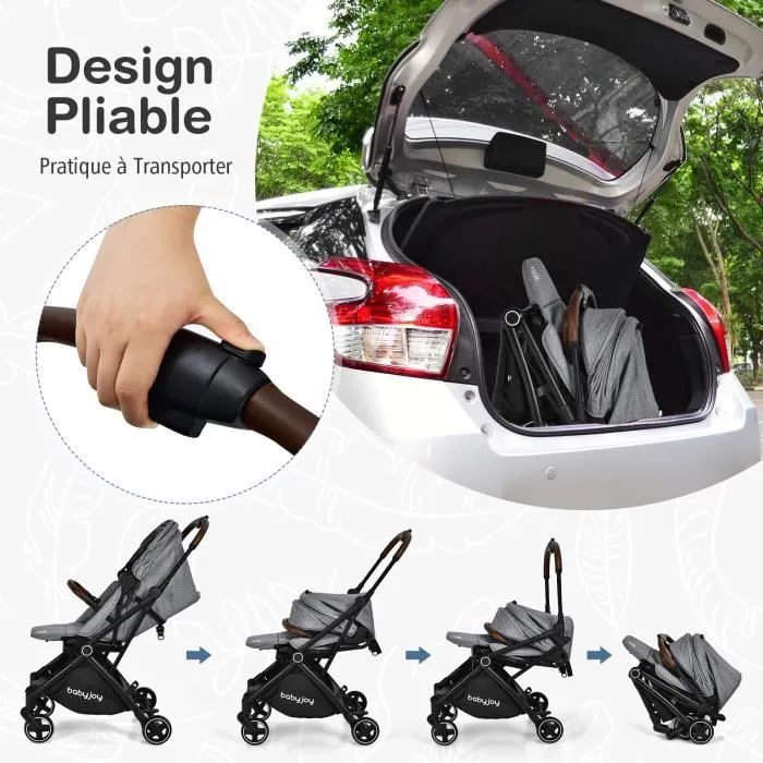 COSTWAY Poussette 2 en 1 Bébé 0-3 Ans Siège Rotatif Pliage à une Main Auvent Repose-pieds Réglables Inclinable Multi-positions Gris-3