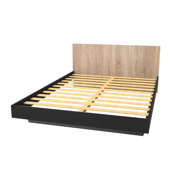 Lit double - LEQUAIDESAFFAIRES - LOFT 160x200 - Noir & chêne blanchi - A lattes - Classique - Intemporel-2