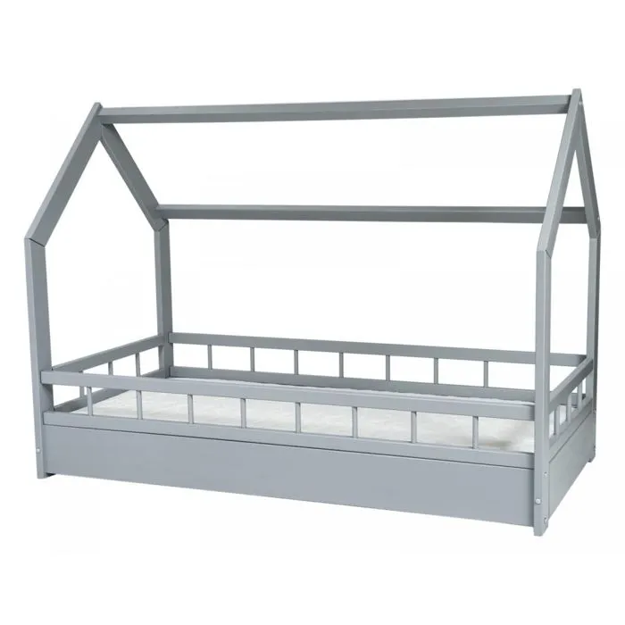 Ensemble matelas ECO+Lit maison cabane Velinda 27671 - 160x80cm - Bois massif - Gris-0