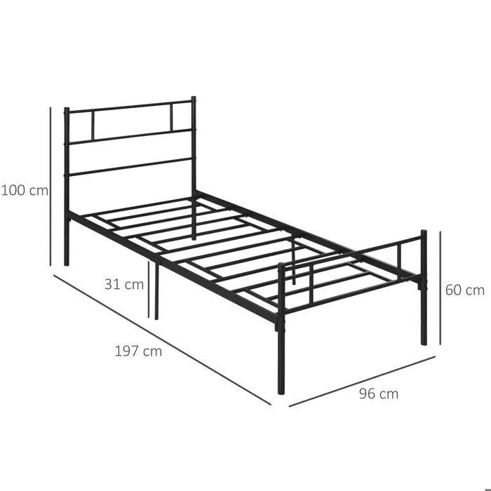 Cadre de lit simple 90 x 190 cm - HOMCOM - sommier à lattes en acier, tête de lit et pied de lit - hauteur 31 cm rangement sous lit-3