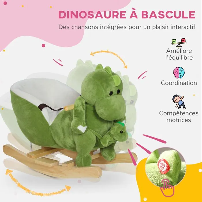 Dinosaure à bascule AIYAPLAY cheval à bascule pour enfants 18-36 mois avec marionnette à main ceinture de sécurité et 32 chansons-4