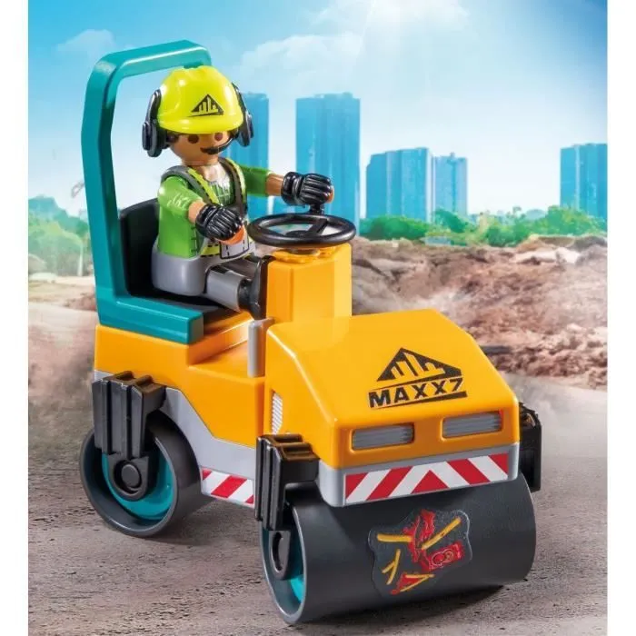PLAYMOBIL 71751 Ouvriers avec rouleau compresseur et signalisation, Action Heroes, La construction, 43 pièces, Dès 4 ans-2