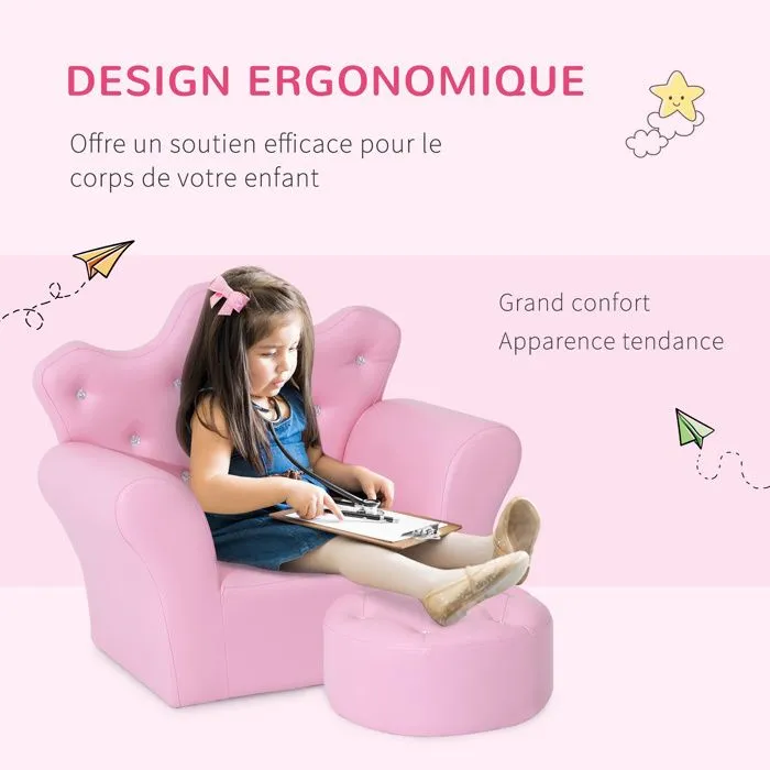 Ensemble fauteuil et pouf enfant design couronne de princesse - HOMCOM - Rose - 3 ans et plus-5