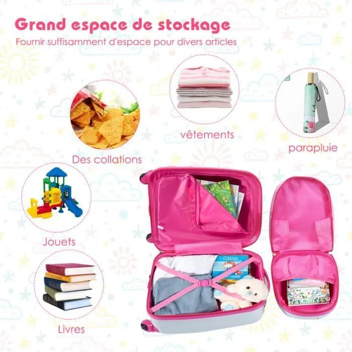 Valise Trolley pour Enfants - COSTWAY - Motif Hibou Mignon - Rose - ABS - 4 roulettes-1