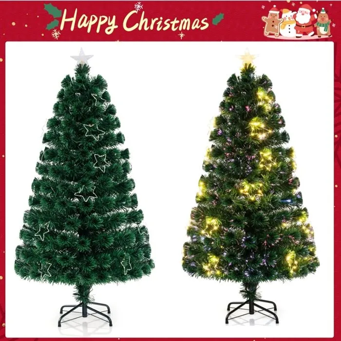 Sapin de Noël Artificiel 150CM COSTWAY-Fibre Optique-24 Lumières Guirlande Lumineuse Blanches Chaudes-Etoile Brillante-170 Pointes-0