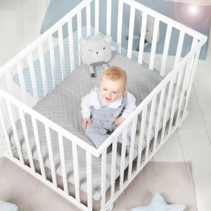 ROBA Parc Bébé Réglable 75x100 cm + Tapis de Parc "roba Style" Gris + 4 Roues - Bois Blanc-1