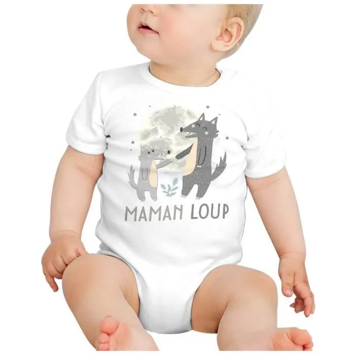 Body Bébé Manche Courte Blanc Maman Loup et son Bébé Dessin Illustration Lune-1