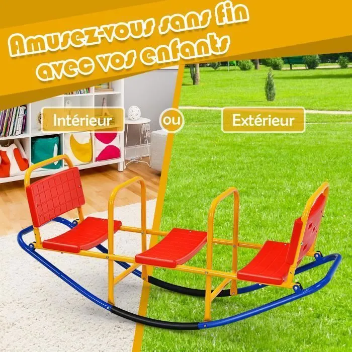COSTWAY Balançoire à Bascule 2-3 Enfants Trébuchet en Métal Tape-Cul pour Jardin avec Poignées 3 - 8 Ans Station de Jeu Extérieure-2