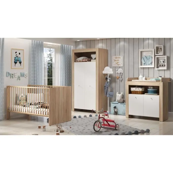 Chambre bébé trio PIA - Lit 70x140 cm + Commode à langer 2 portes + Armoire 2 portes - Décor chêne sonoma et blanc mat - TRENDTEAM-0