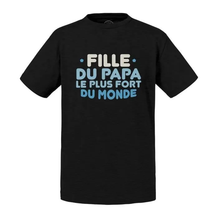 T-shirt Enfant Noir Fille du Papa le Plus Fort du Monde Père Famille-0