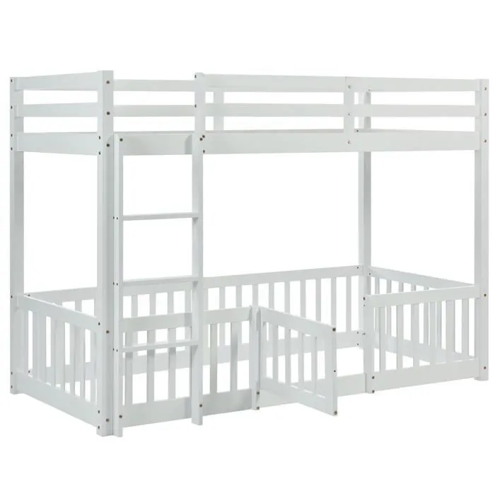 Lit superposé - Enfant - Bois massif - Blanc - 90x200 cm - Sécurisé avec barrière-2