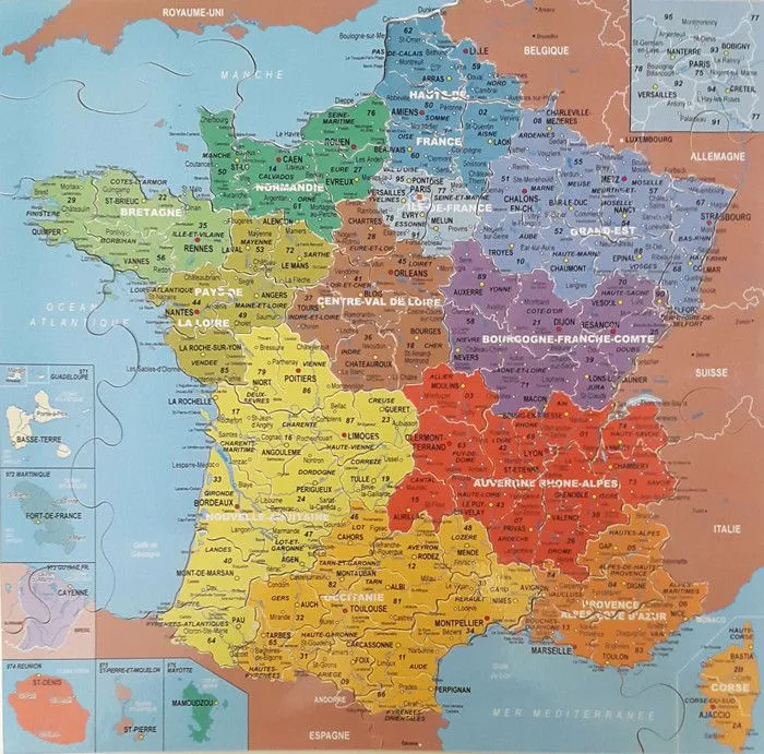 Puzzle en bois Fait Main 100 pièces : Carte de France des départements aille Unique Coloris Unique-3