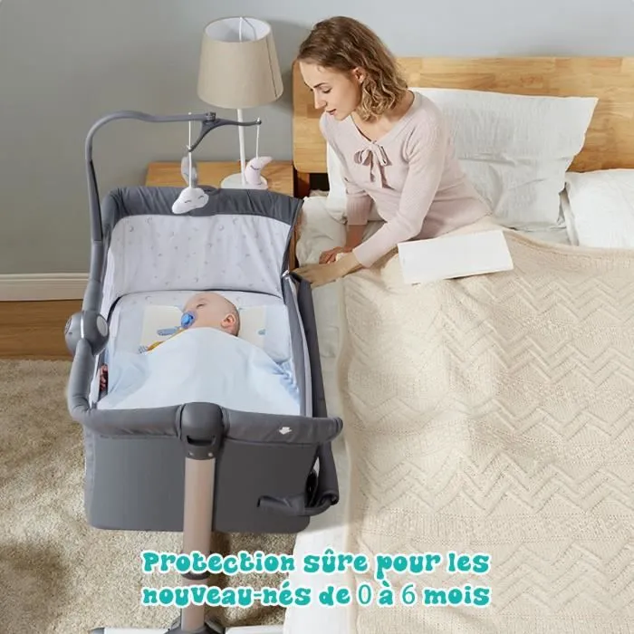 COSTWAY 2 en 1 Berceau Bébé à 9KG Lit Cododo Inclinaison et Hauteur Réglables avec Matelas,Arceau de Jeu,Boîte à Musique Gris-1