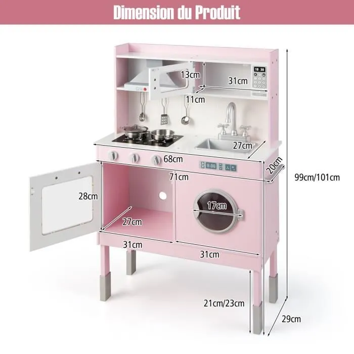 COSTWAY Cuisine pour Enfants 3 Ans+ en Bois - 5 Accessoires, Effect Sons et Lumières avec Téléphone, Rose-3