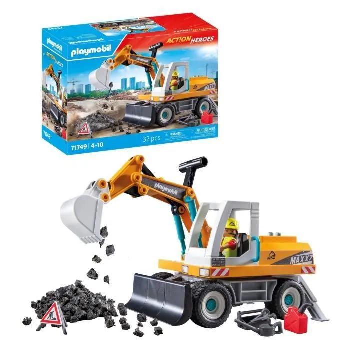 PLAYMOBIL 71749 Pelleteuse mécanique et ouvrier, Action Heroes, La construction, 31 pièces, Dès 4 ans-4