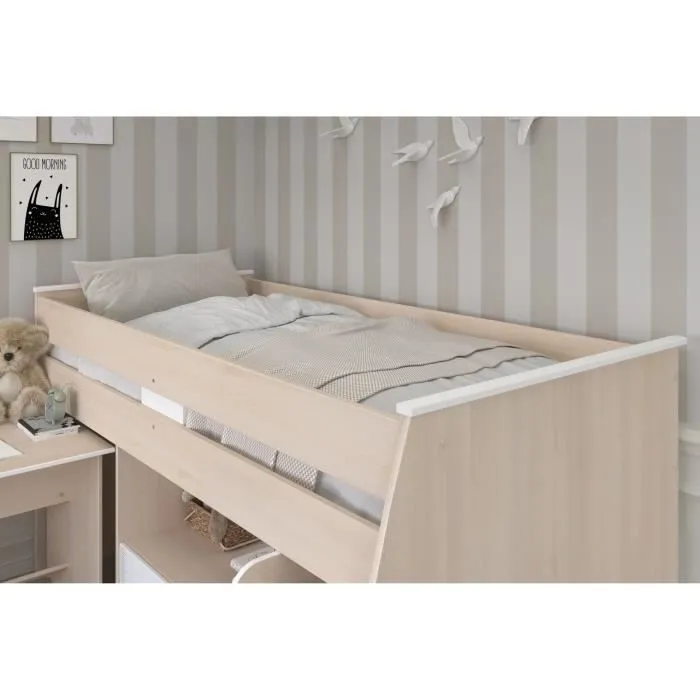 Lit combiné enfant Parisot ZOLA 90x200 cm - 2 portes - Avec bureau - Décor acacia clair et blanc-4