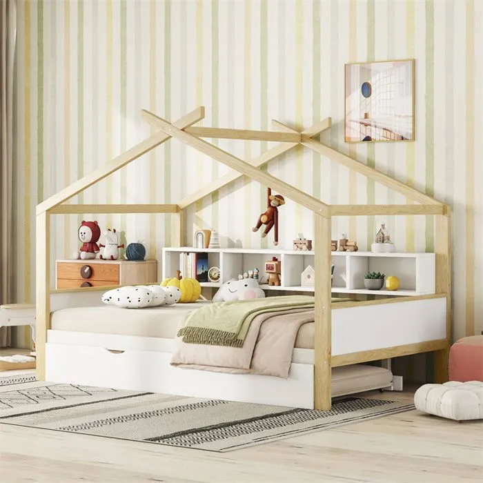 Lit cabane 140x200cm, lit de maison d'enfant, équipé d'un lit gigogne, 4 compartiments de rangement, blanc-2