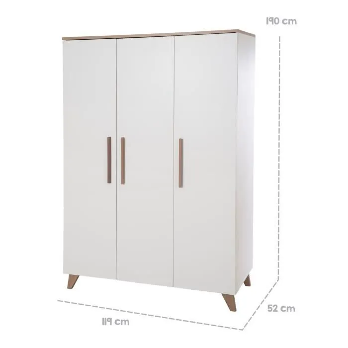 Armoire Bébé 3 Portes ROBA - Ole - Armoire de Rangement à 6 Compartiments et Penderie - Style Scandinave - Blanc Mat - Décor Chêne-3