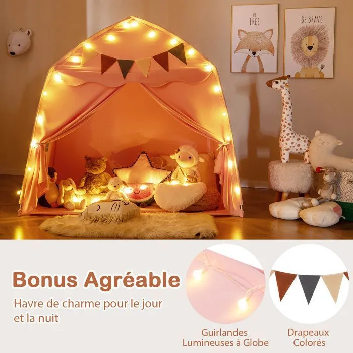 Tente de Jeu pour Enfants COSTWAY-Drapeaux et Guirlandes Lumineuses-Fenêtre Respirante-Lavable en Machine-157 x 98 x 148 cm-Rosé-2