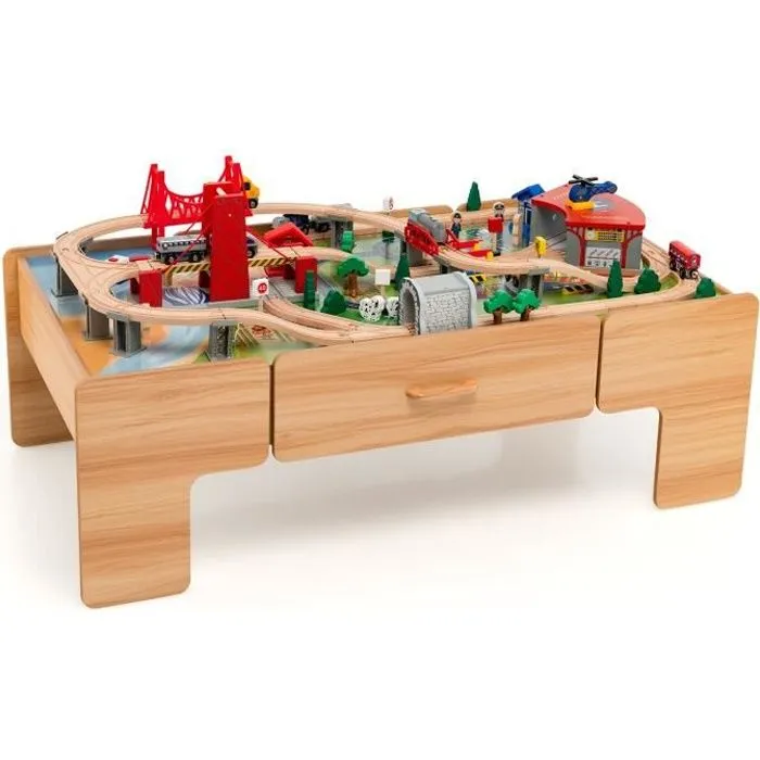 COSTWAY Ensemble Table de Circuit Voiture et Train pour Enfant -100 Accessoires avec Table Réversible d’Activité et Tiroir 3 Ans +-0
