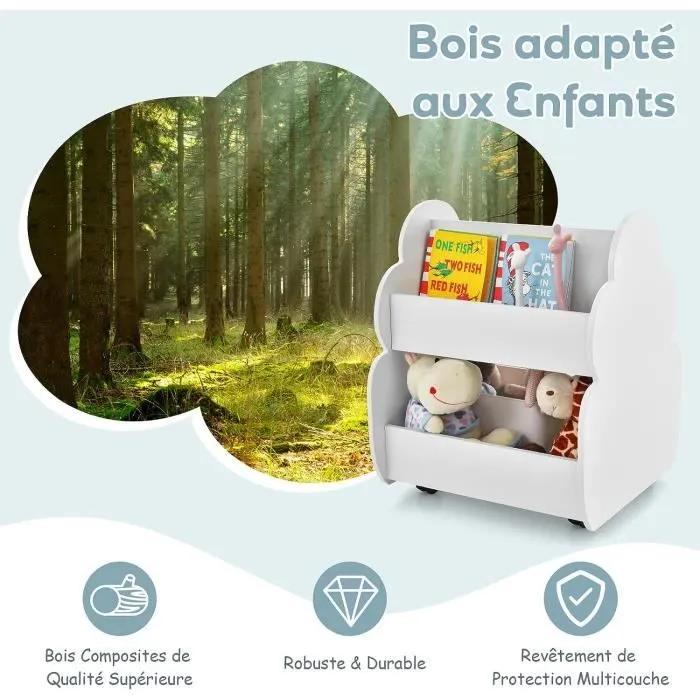 COSTWAY Bibliothèque Enfants à Roulettes 2 Niveaux, 62 x 47 x 63,5 CM, Rangement Pour Jouets Blanc-2