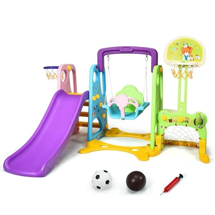 COSTWAY Ensemble Toboggan Balançoire 6 en 1: Basket-ball, Football, Escalade, Jeu Boucle - Exterieur Intérieure 3 - 8 Ans Violet-0